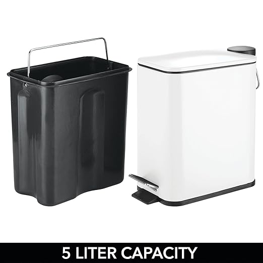 mDesign Slim Metal Rectangle 1.3 Gallon/5 Liter Trash Can with Step Pedal, Easy-Close Lid, Removable Liner - Narrow Wastebasket Garbage Container Bin for Bathroom, Bedroom, Kitchen - Matte White