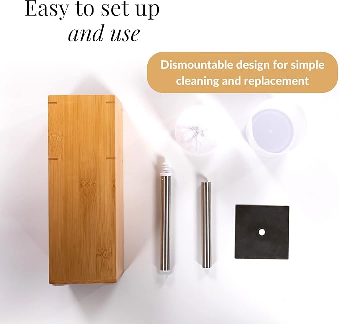 GOBAM Bamboo Toilet Bowl Cleaner with Holder for All Toilet Types - Hidden Stainless Steel Toilet Brush - Bathroom Cleaning Brushes - Toilet Accessories - Natural