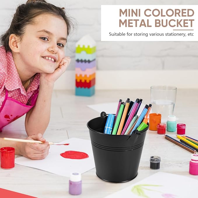 OBTANIM 7 Pack Black Metal Buckets with Handle Galvanized Ice Pails for Plants, Succulents, Party Favors Organizing, Rustic Home Decor or Classrooms Pencil Storage (5.1 x 3.6 inch)