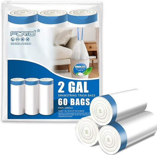 FORID Mini Drawstring Trash Bags - 2 Gallon Small Bathroom Garbage Bags White Plastic Trash Can Liners Disposable Unscented Wastebasket Bags 60 Count for Office bedroom Home 7.5 Liter
