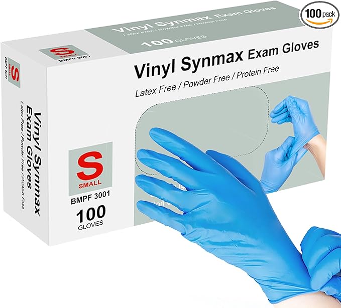 squish Disposable Gloves, Blue 4 mil Vinyl Synmax Exam Gloves Non Sterile, Powder Free, Latex Free - Cleaning Supplies, Kitchen and Food Safe(Pack of 100) (Blue Small)