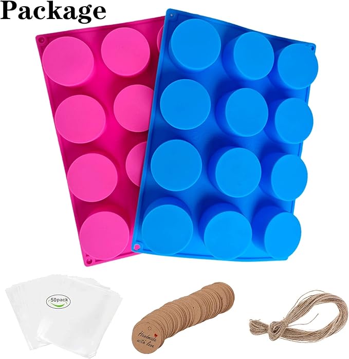 Round Soap Molds,2PCS Silicone Soap Molds for Soap Making 12Cavity Cylinder Silicone Mold for Lotion Bars,Bath Bombs,Shower Steamer,Shower Tablets, Beeswax,Candles