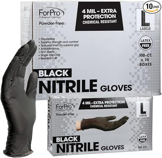 ForPro Professional Collection Disposable Nitrile Gloves, Chemical Resistant, Powder-Free, Latex-Free, Non-Sterile, Food Safe, 4 Mil, Black, Large, 1000-Count
