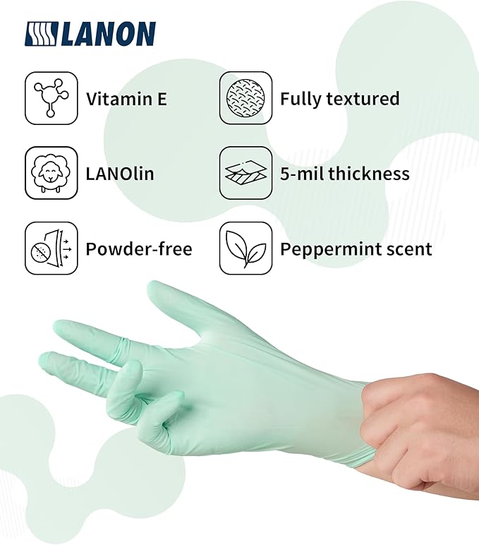 LANON 5 mil Vitamin-E Coated Latex Disposable Gloves, Food-Contact Grade, Fully Textured, Green, Large