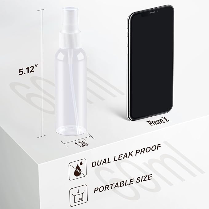 ZEJIA Small Spray Bottle 2OZ - Plastic Travel Refillable Mini Sprayer for Face, Liquids, Perfume - With Labels (3 Pack)