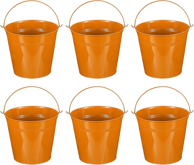PATIKIL 7"x6.4" Small Metal Buckets with Handle, 6 Pcs Mini Galvanized Bucket Colorful Easter Buckets for Crafts Party Favors Decoration, Orange