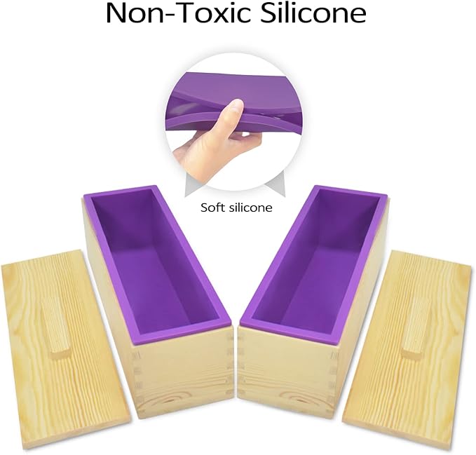 Artcome 42oz Soap Loaf Molds Rectangular Silicone Moulds Wooden Box with Lid, Soap Molds Set with 100pc Bags and 36 Sticker, 2 Sets