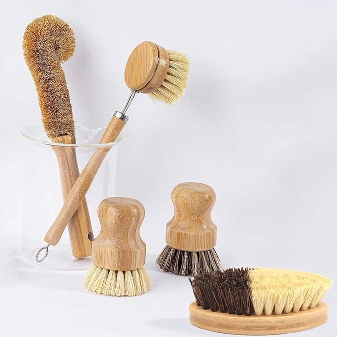 5 Pack Natural Bamboo Cleaning Brush Set, Pot Dish Scrub Brush with Handle and Flannel Bag Kitchen Brushes for Cast Iron Pots, Pans, Vegetable and Kitchen Cleaning