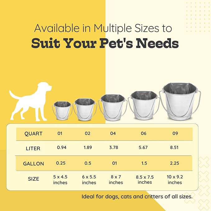 9 Quart Stainless Steel Flat Side Bucket | Durable Heavy Duty Food & Water Feeding Pails for Dog Goat Sheep horse | Fits kennels Cage Critter Crates Hanging Pet Pail | Multipurpose Bucket