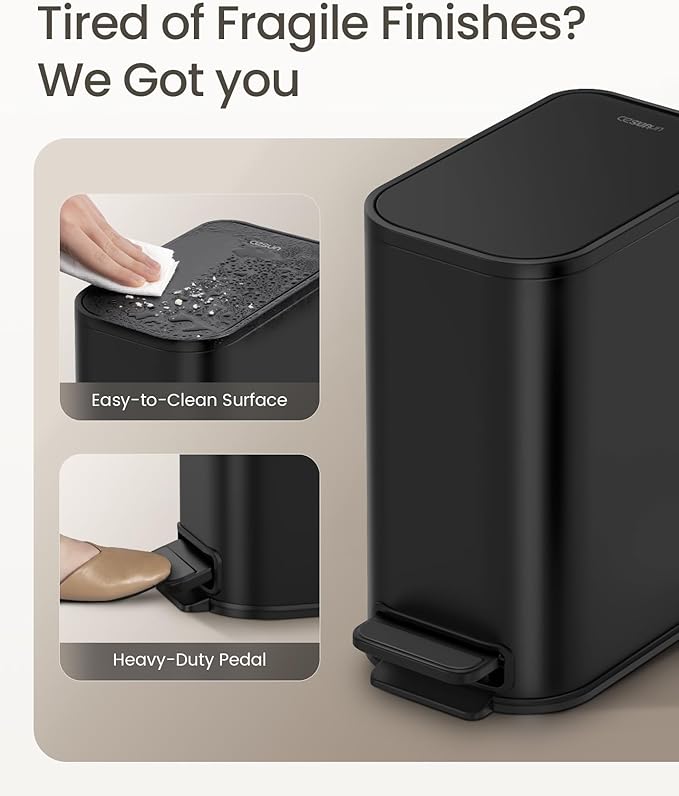 Cesun Small Bathroom Trash Can with Lid Soft Close, Step Pedal, 5 Liter / 1.3 Gallon Stainless Steel Garbage Can with Removable Inner Bucket, Waste Basket for Bathroom, Bedroom (Matte Black)
