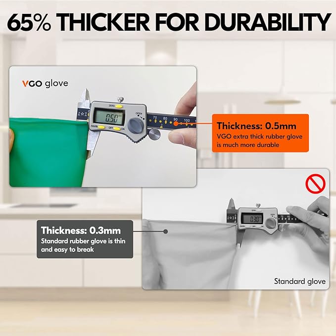 Vgo... 1-Pair Reusable Household Gloves, Rubber Dishwashing gloves, Extra Thickness, Long Sleeves, Kitchen Cleaning, Working, Painting, Gardening, Pet Care (Size M, Green, HH4601)