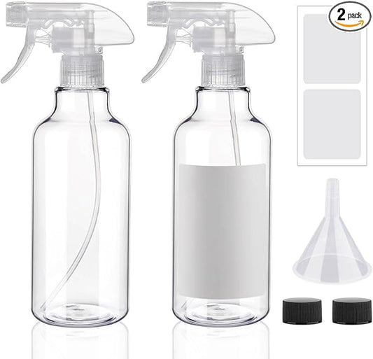 Plastic Spray Bottles 12oz 2 Pack Adjustable Mist/Stream Spraying Heavy Duty Square Water Spray Bottles for Hair, Cleaning Solutions, Plants，Essential Oils (Clear)