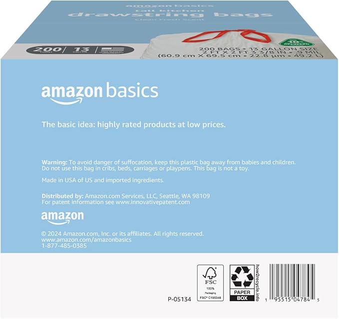 Amazon Basics 13 Gallon Tall Kitchen Drawstring Trash Bags, Clean Fresh Scnet, 10% Post Consumer Recycled, 200 Count
