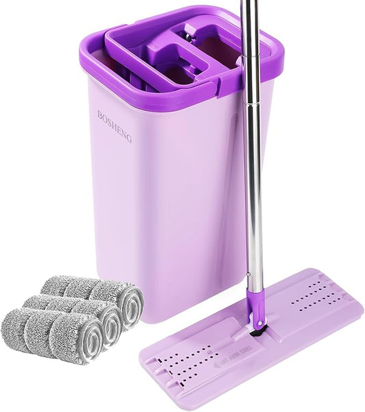 Mop and Bucket with Wringer Set, Hands Free Flat Floor Mop and Bucket, 3 Washable Microfiber Pads Included, Wet and Dry Use, Home Floor Cleaning System for All Floor Types and Windows, Purple