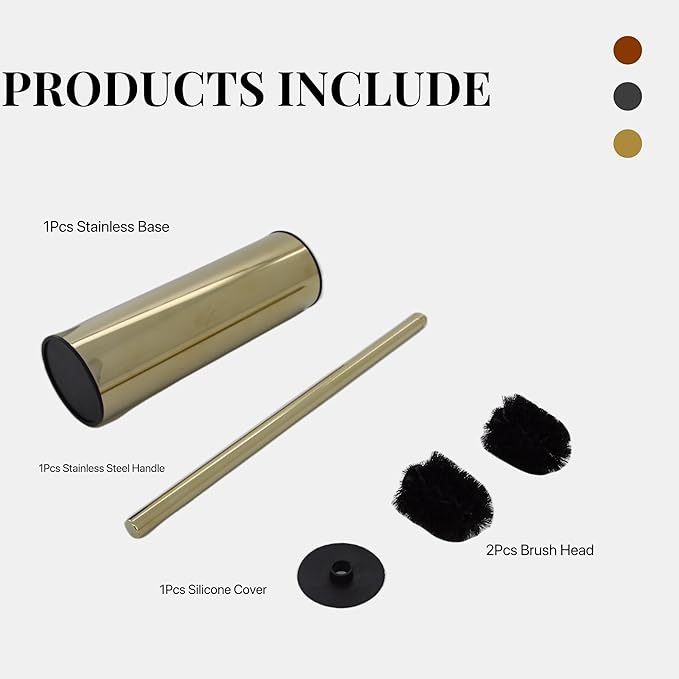 Toilet Brush and Holder,304 Stainless Steel Toilet Brush with Long Brush Handle,Toilet Bowl Brush for Bathroom Cleaning,2 Bristle Heads, Gold