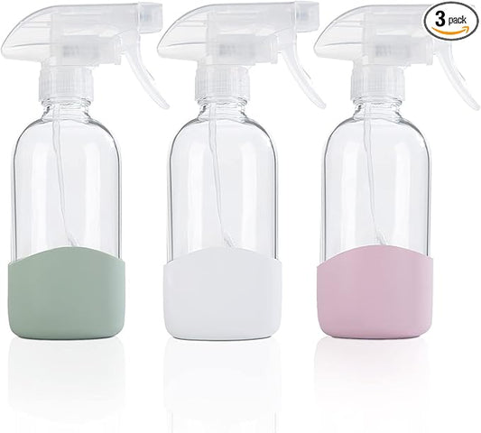HOMBYS 8 Oz Empty Clear Glass Spray Bottles with Silicone Sleeve Protection Refillable Containers for Cleaning Solutions, Essential Oils, Misting Plants - Quality Sprayer - 3 Pack Boston Bottles