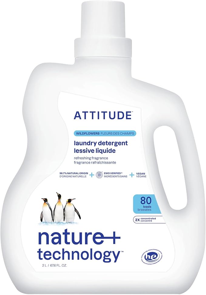 ATTITUDE Liquid Laundry Detergent, EWG Verified, HE Compatible, Plant-Based & Vegan, Natural Laundry Soap, Wildflowers, 80 Loads, 67.6 Fl Oz