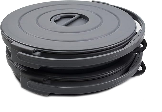 SAMMART Set of 2-10L (2.64Gallon) Collapsible Fishing Bucket Locking Lid, 31cm Dia. (2, Grey/Black)