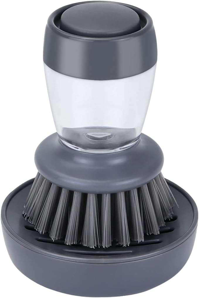 Dish Brush with Soap Dispenser, Kitchen Scrub Brush for Dishes Pots Pans Sink Cleaning, Dish Scrubber with Holder Set (Grey Handle & Nylon Bristles)