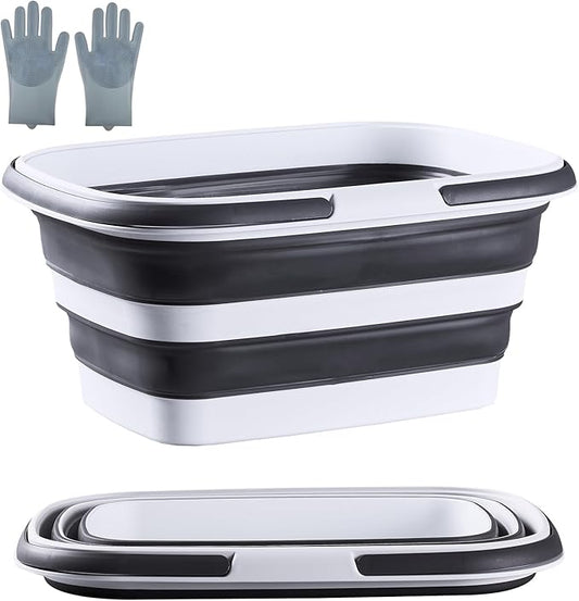 2.9 Gal(11 L) Collapsible Mop Bucket with Handle – Square Silicone Cleaning Bucket for Mopping, Car & Window Washing – Space-Saving Storage Organizer, Durable Plastic Bucket – Pair of Silicone Gloves