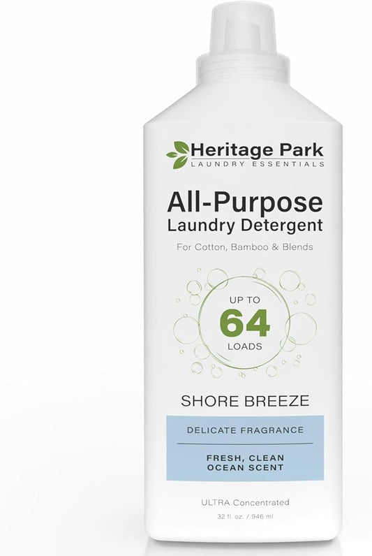 Heritage Park Luxury Laundry Detergent | Dermatologist Tested Plant based Natural & Enzyme Laundry Detergent | Sensitive Skin Friendly - Shore Breeze (32 fl oz)