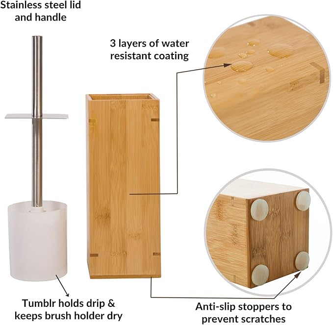 GOBAM Bamboo Toilet Bowl Cleaner with Holder for All Toilet Types - Hidden Stainless Steel Toilet Brush - Bathroom Cleaning Brushes - Toilet Accessories - Natural
