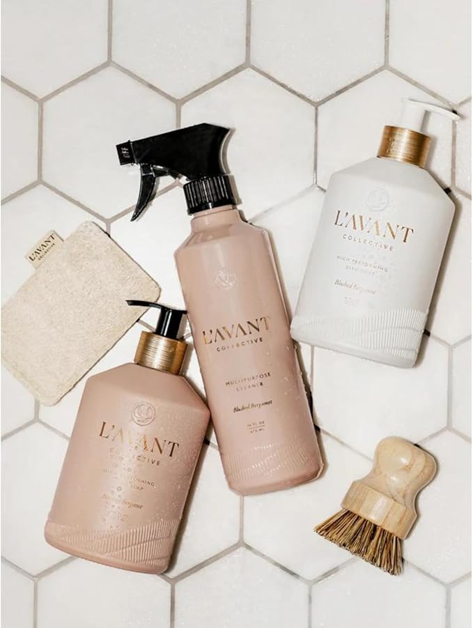 L'AVANT Collective Luxury Home Essentials Bundle High Performing Dish Soap, Hand Soap, Multipurpose Cleaner Spray, Scrub Brush, Lucite Tray Luxurious Ingredients Reusable Bottles (Blushed Bergamot)