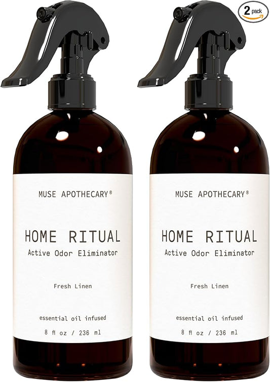 Muse Apothecary Home Ritual Active Odor Eliminator Spray - Furniture Deodorizer Spray & Bathroom Odor Eliminator for Home - Essential Oil Air Freshener - 8oz, Fresh Linen