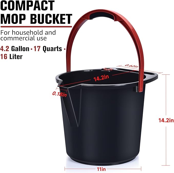 Matthew Cleaning 4.2 Gallon Mop Bucket, Heavy Duty Plastic Cleaning Bucket with Built-in Pour Spout, Mop Holder and Comfort Grip Handle, House and Commercial Cleaning Supplies, Case Pack 12 Pcs Black