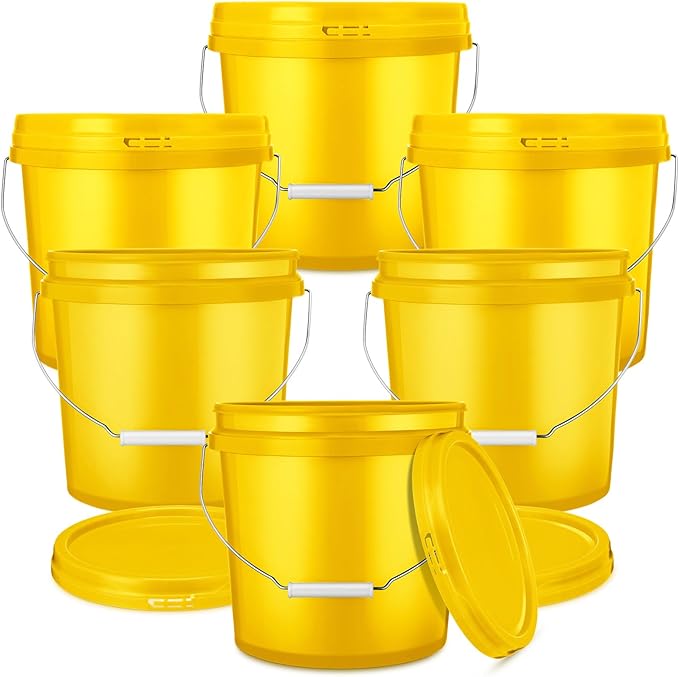 6 Pack 2 Gallon Plastic Bucket with Lid Heavy Duty Pail with Metal Handle Reusable Small Multipurpose Paint Buckets Container for Food Storage(Yellow)