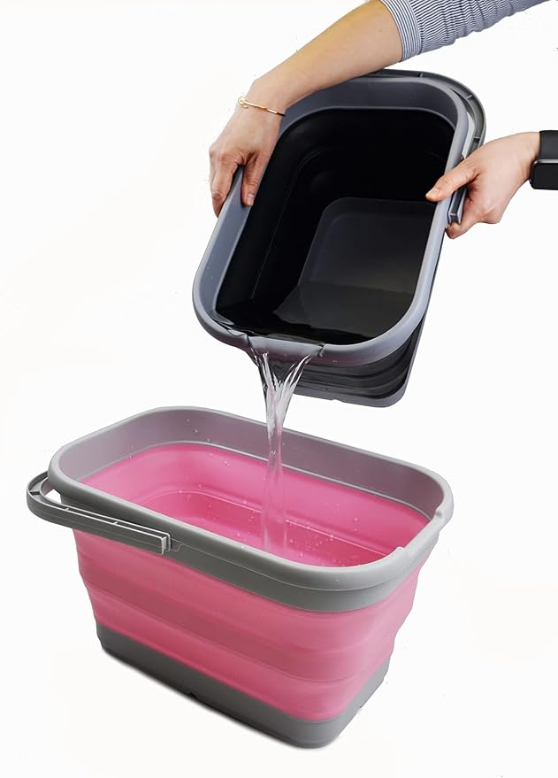 SAMMART 12L (3.17 Gallon) Collapsible Rectangular Handy Bucket (1, Grey/Pink)