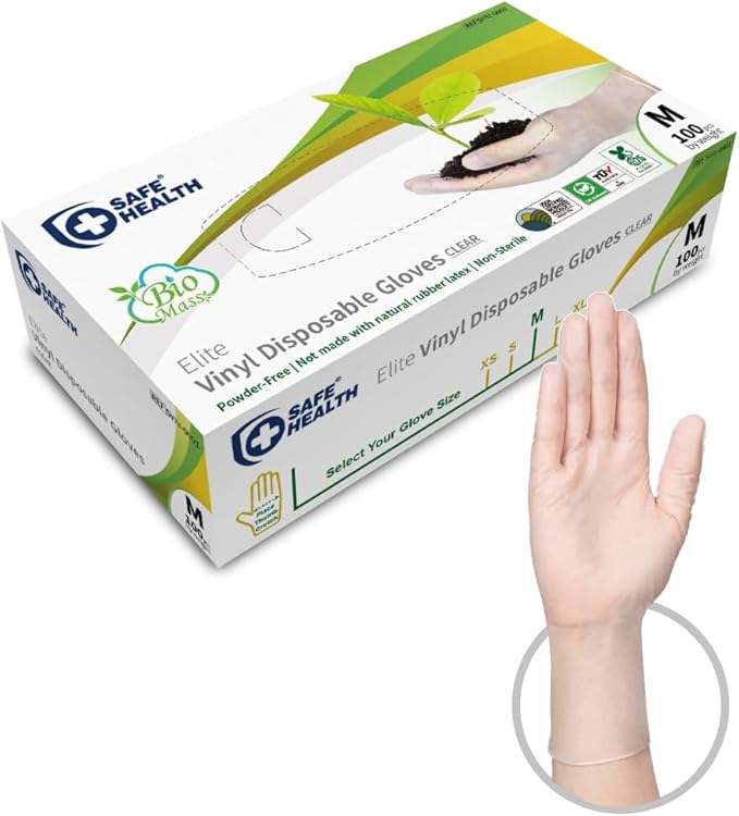 Safe Health Biomass Eco-Friendly Vinyl Disposable Gloves, USDA Certified Biobased Product, Latex Free, Powder Free, Clear, Box of 100, Medium, 3 mil