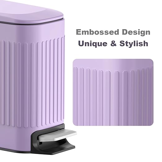 TrashAid Slim Bathroom Trash Can with Lid Soft Close, 6 Liter/1.6 Gallon Stainless Steel Small Garbage Can with Removable Inner Bucket, Step Pedal, Slim Wastebasket for Toilet, Office, Bedroom, Purple