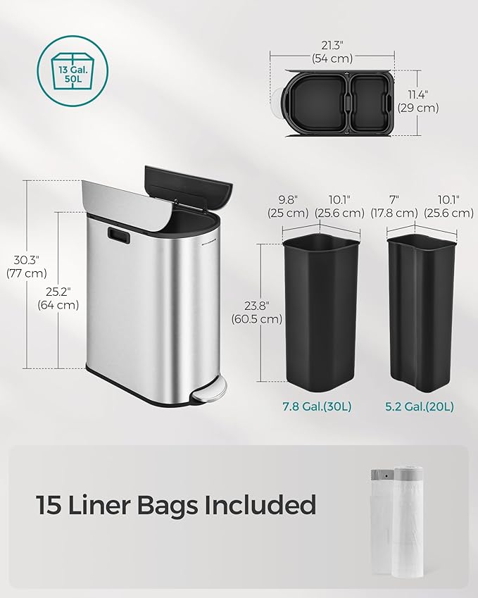 SONGMICS 13-Gallon Dual Kitchen Trash Can, 5.3 and 8 Gallon Compartments, Garbage Can with Wing Lids, Stainless Steel, Soft Close, Inner Buckets, Metallic Silver ULTB570E50