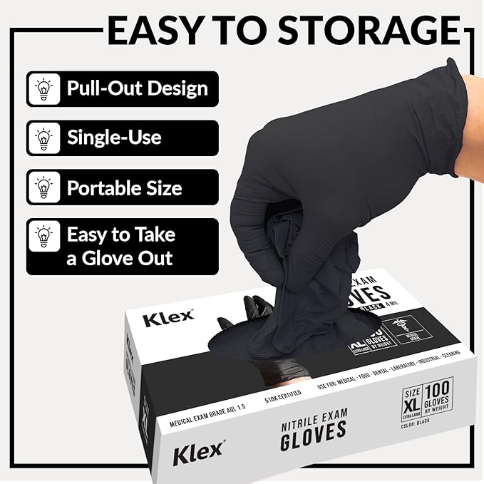 Klex Nitrile Exam Gloves - Medical Grade, Powder & Latex Free, Food Safe, Black, 100, 1000 Count, S, M, L, XL