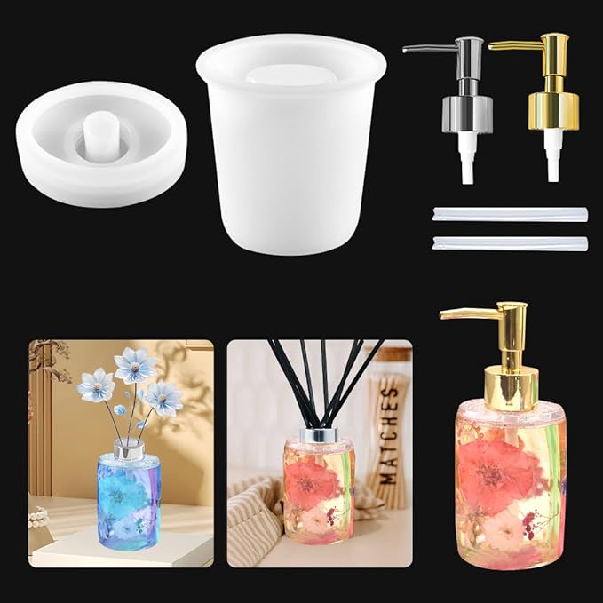 Bottle Resin Mold with Pump Soap Dispenser Resin Mold Perfume Bottle Silicone Molds for Epoxy Casting DIY Bottle Pen Flower Storage Candle Holder Home Decor