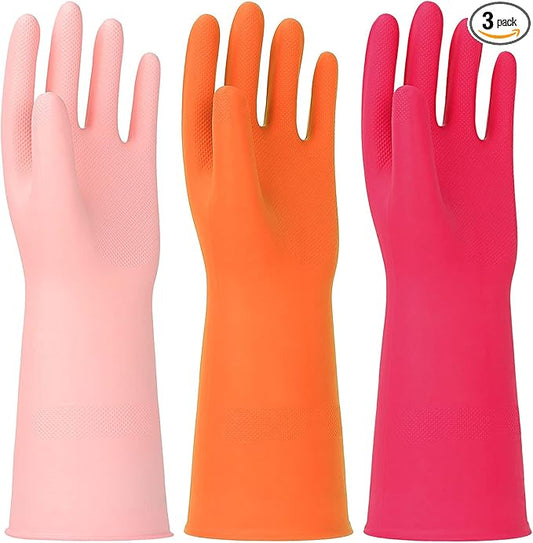 3 Pairs Rubber Cleaning Gloves Latex Free Dishwashing Gloves - 13" Reusable Nitrile Gloves Large, Orange+Pink+Red