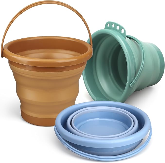 Dilabnba Collapsible Beach Buckets Set Toys, Easter Eggs Buckets, 3PCS 2.5 L Portable Silicone Foldable Pails for Camping Sandbox Garden Beach Party Fishing