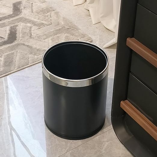 3.7 Gallon / 14L Black Bathroom Trash Can Metal,Double Walled Waste Paper Basket,Bathroom Garbage Can,Elegant,Modern Office Waste Basket,for Bedroom,Kitchen,Hotel,Cafe,Business(14L Black)