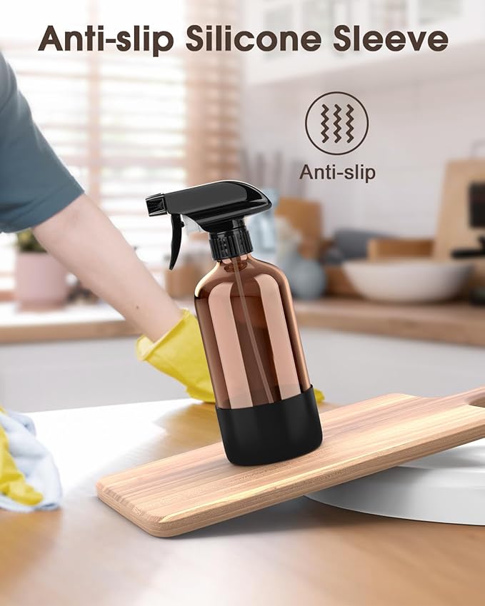 Glass Spray Bottle with Silicone Sleeve Protection, Amber Glass Spray Bottle Set for Window Cleaner Aromatherapy Facial Hydration Watering Flowers Hair Care 2 Pack/16 oz (Black & Brown)
