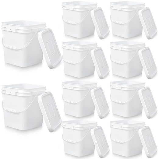 Mumufy 10 Pcs 3.5 Gallon Square Food Grade Bucket with Lid Plastic Pail with Handle and Lid Square Buckets for Storing Dry Food Charcoal Camping Fishing(White)