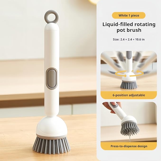 Adjustable Dish Brush with Soap Dispenser, Non-Scratch PET Bristles, Ergonomic Handle, Kitchen Cleaning Tool for Pots, Pans & Sink (Grey, Long-1 Piece)