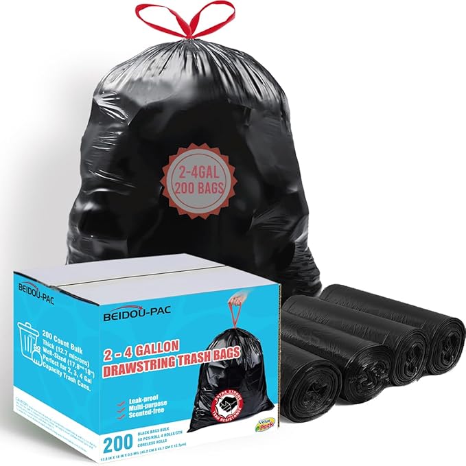 2-4 Gallon Trash Bags Drawstring, 200 Count Bulk Value Pack, Black & Unscented Small Multi-purpose Garbage Bags for Business Home Bathroom Kitchen Commercial and Industrial