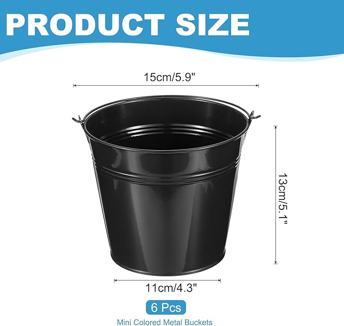 PATIKIL 5.9"x5.1" Small Metal Buckets with Handle, 6 Pcs Mini Galvanized Bucket Colorful Easter Buckets for Crafts Party Favors Decoration, Black