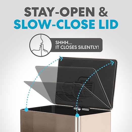 SIMPLI-MAGIC 13.2 Gallon (50L) Step Trash Can – Kitchen Garbage Can with Slow-Close Lid – Odor Control, Hands-Free, Easy to Clean, Brushed Stainless Steel (Rose Gold)