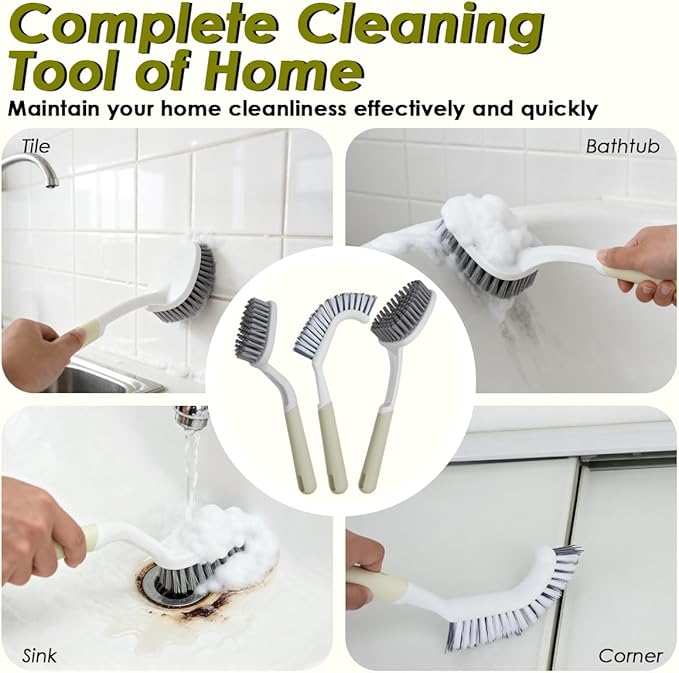 Heavy Duty Scrub Brush with Long Handle, Grout Cleaner Brush, Stiff Bristles Scrub Brushes for Cleaning Bathtub, Bathroom, Shower, Tile, Carpet, Kitchen, Sink (Green)