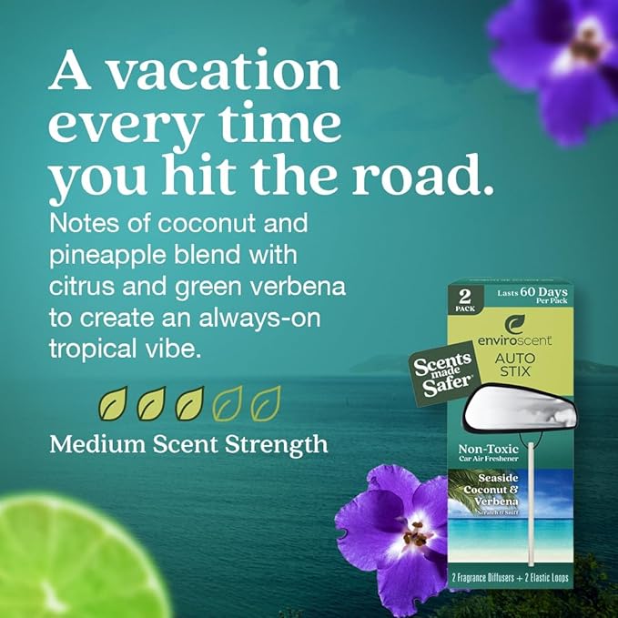 Enviroscent Non-Toxic Car Air Freshener | Natural Car Air Freshener | Essential Oil Diffuser | Car Scent Lasting Over 480 Days | 8 Packs of 2 Hanging Auto Stix (Seaside Coconut & Verbena)