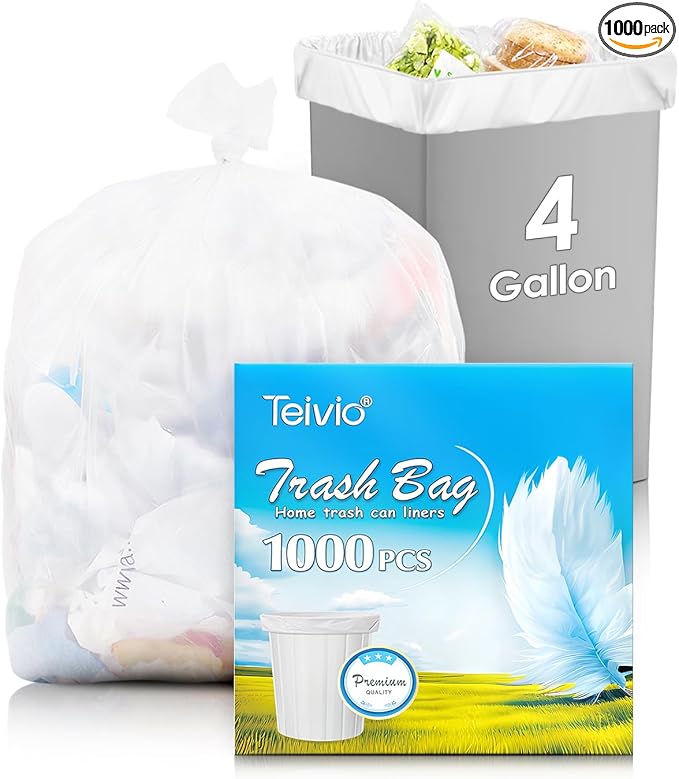 4 Gallon 1000 Counts Strong Trash Bag Garbage Bags by Teivio, Bathroom Trash Can Bin Liners, Small Plastic Bags for home office kitchen