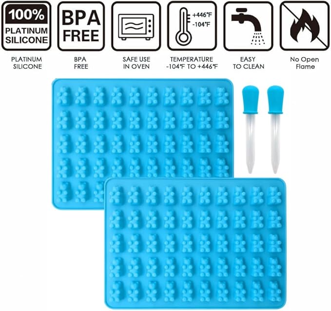2 Piece Gummy Bear Silicone Molds, Non-Stick Chocolate Candy Mold with 2 Droppers Food Grade (Blue)