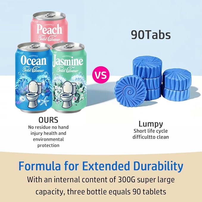 Beverage can Toilet Bowl Cleaner,Septic Toilet Bowl Tablets in Bottles, Automatic Long-Lasting Toilet Cleaner Bottle,Powerfully Cleans and Prevent Stain Build Up (Ocean, Jasmine, and Peach Scent)